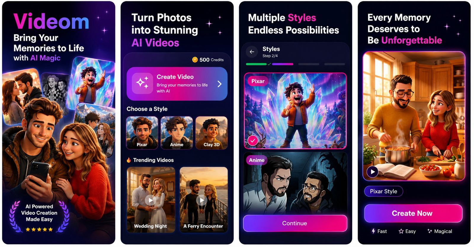 Videom app screens showing style selection, video creation, and preview